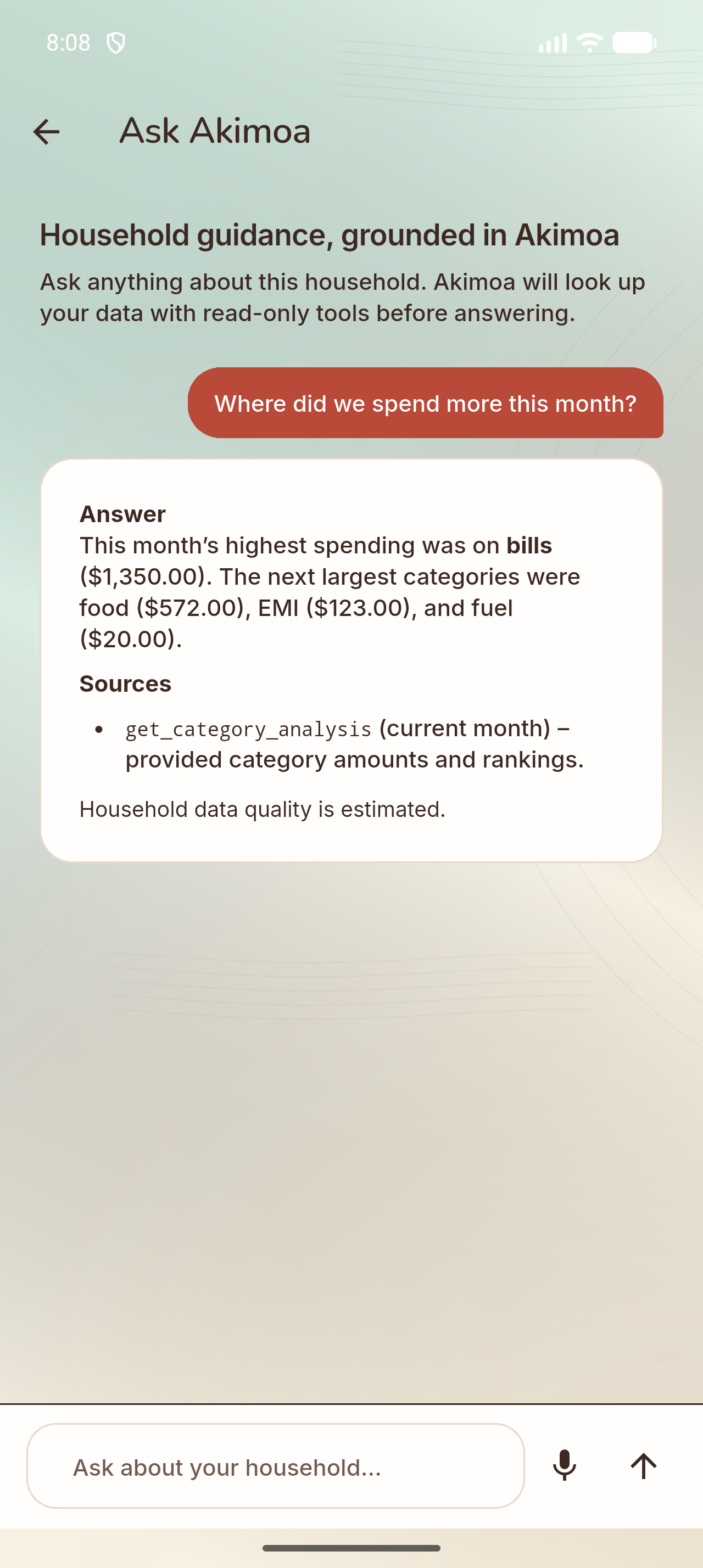Akimoa Android Simulator - Ask Akimoa AI Screen