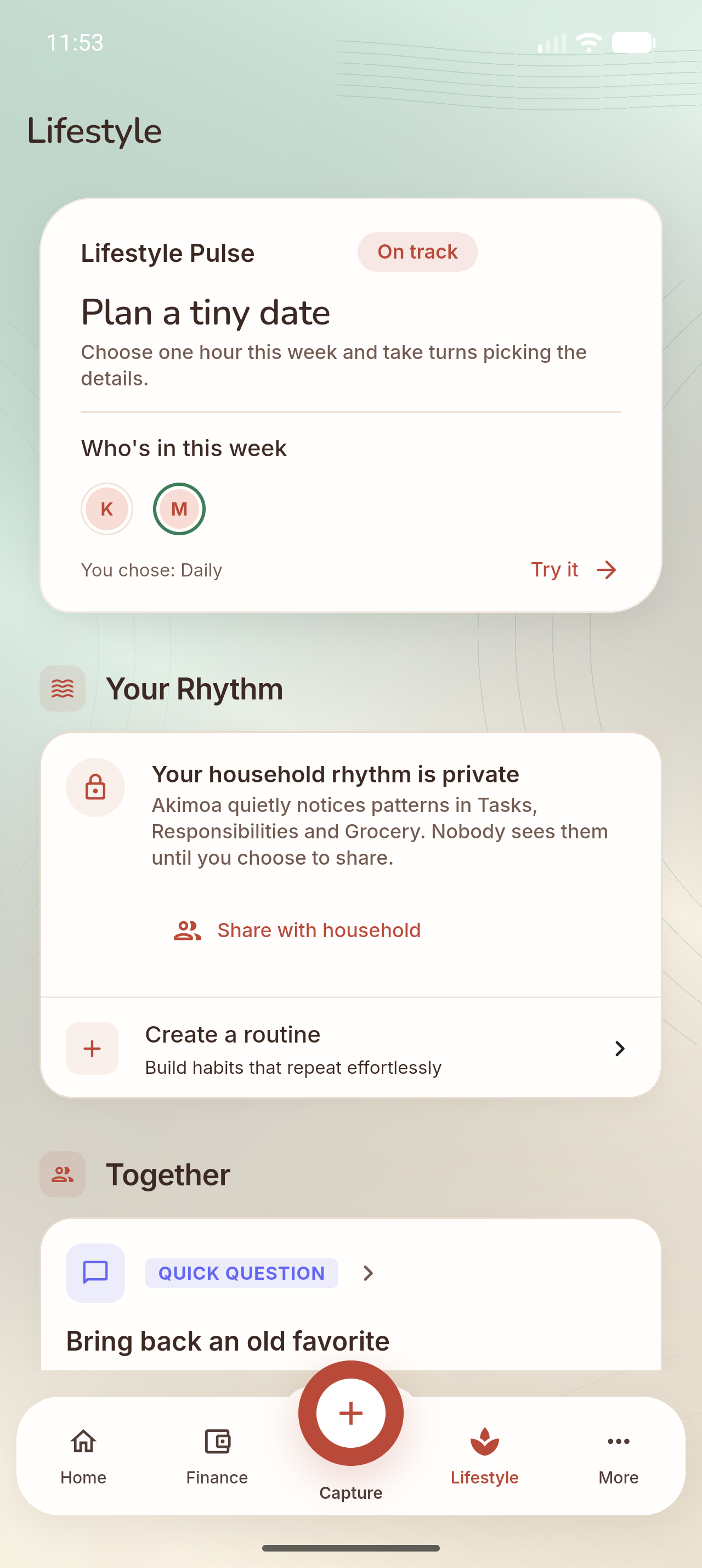 Akimoa Android Simulator - Lifestyle Screen
