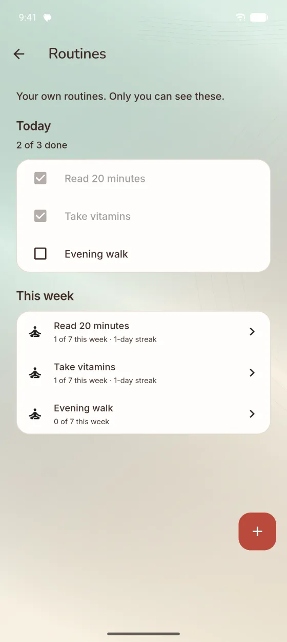 Routines: today's checklist with streaks