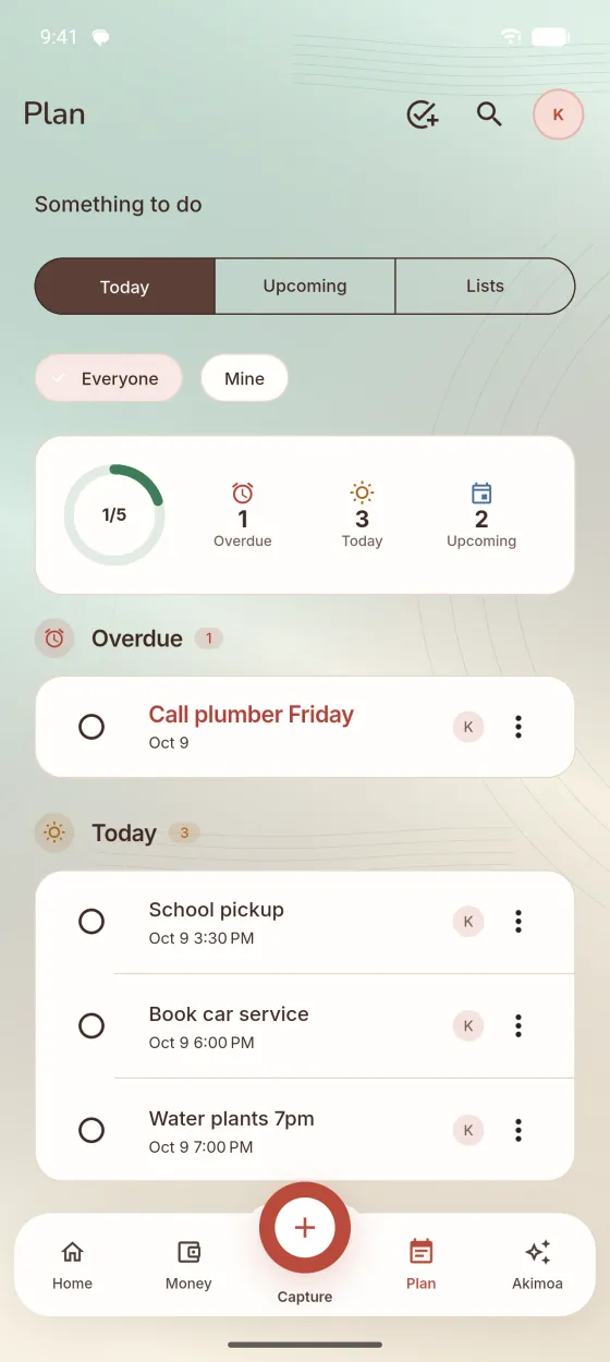 Plan: today's tasks for everyone, with times
